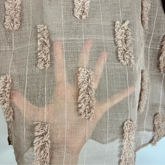 Taupe brown sheer statement puff sleeve pin stripe boxy oversized top M - Picture 9 of 14